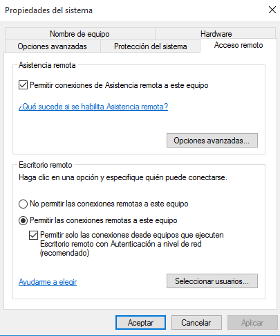 utilizar el escritorio remoto en Windows 10